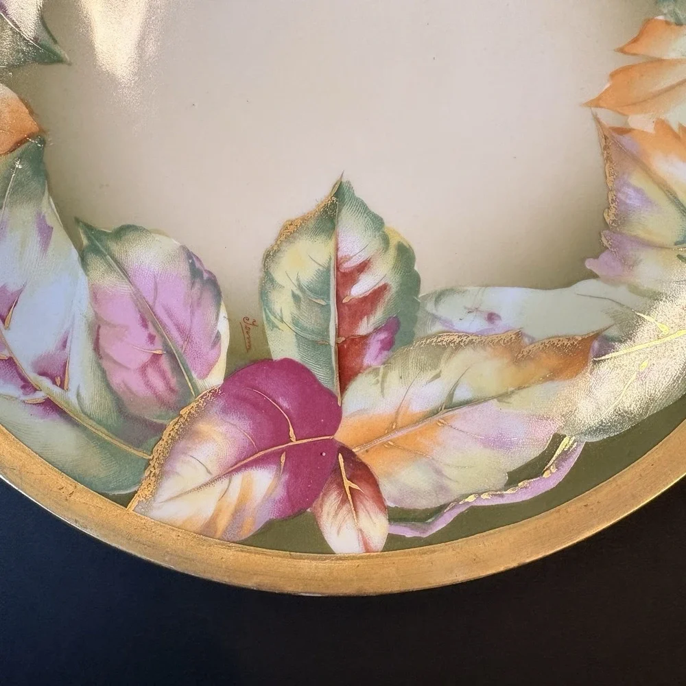 Vintage Royal Austria O&E.G. Cake Plate Autumn Leaves Hand‎ Painted Gold Trim